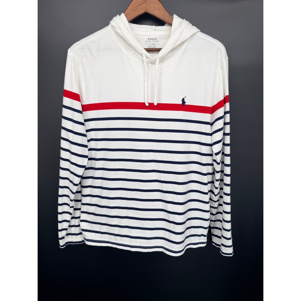 Polo Ralph Lauren Hoodie Mens M White Good Striped Nautical Long Sleeve